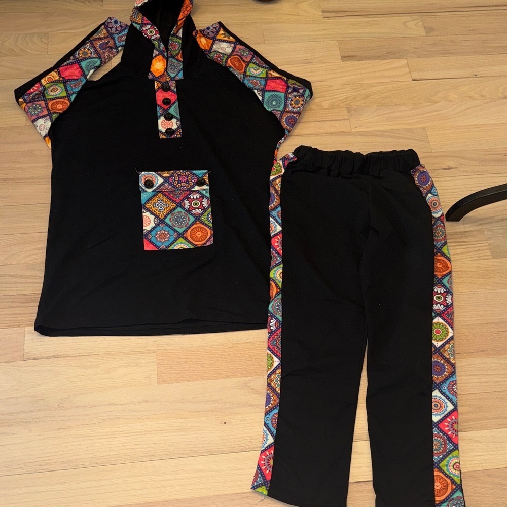 Colorful Patterned Black Top and Pants Set - Picture 1 of 13